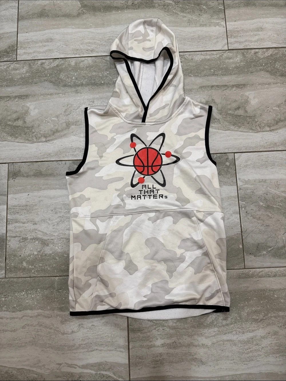 Old Navy White/Cream Camo Sleeveless Hoodie with Orange Basketball Graphic